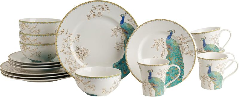 Photo 1 of 222 Fifth Peacock Garden 16-Piece Casual Blue Porcelain Dinnerware Set – Service for 4, Majestic Teal & Gold Peacock Design, Microwave & Dishwasher Safe, for Everyday Dining & Entertainment
