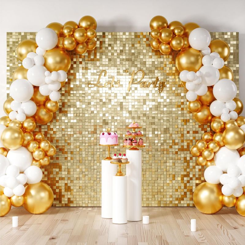 Photo 1 of COKAOBE Light Gold Shimmer Wall Backdrop, 48PCS Square Sequin Shimmer Backdrop Panel, Photo Backdrops for Birthday, Anniversary, Wedding, Graduation & Bachelorette Party Decoration
