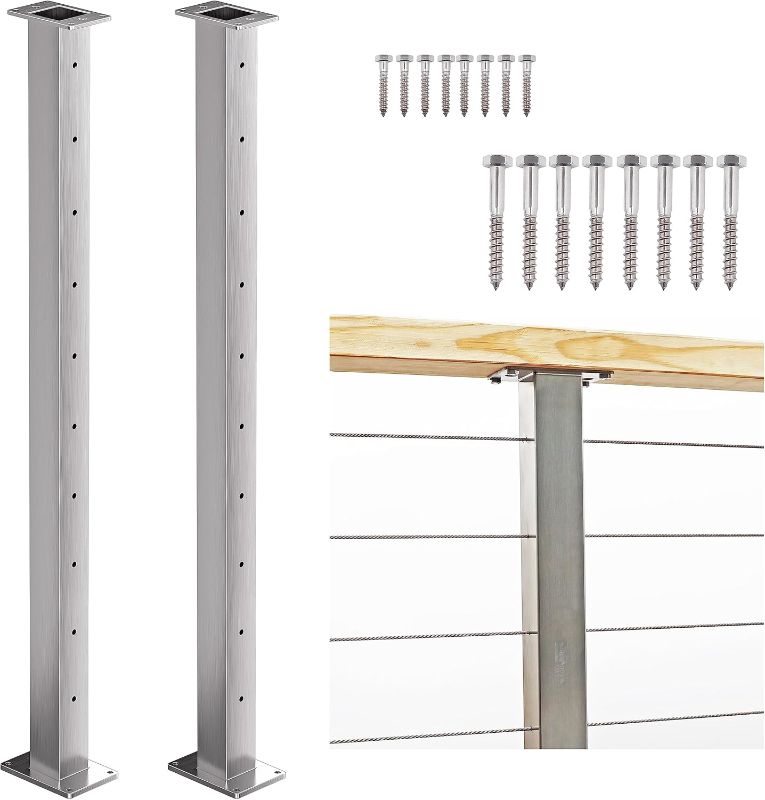 Photo 1 of 2 Pack Stainless Steel Cable Railing Level Line Intermediate Post 42"(Actually Post 40.5"x2"×2"), Level Drilled for 1/8" Cable

