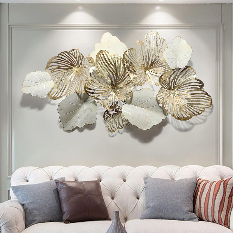 Photo 1 of 3D Wall Art Decor Metal Wall Art Modern Home Decor Wall Sculptures Gold Flower Blooming Wall Hanging Artwork Decoration for Living Room Bedroom Luxury Kitchen Gifts,132x72cm/52 x29
