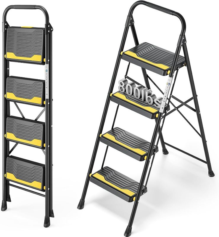 Photo 1 of 4 Step Ladder, Heavy-Duty Pass 800lb Capacity Test, Wide Anti-Slip Steps & Secure Handrail Compact, Folding Step Stool Portable Design for Home, Kitchen, Office, Pantry, Closet Use, Black
