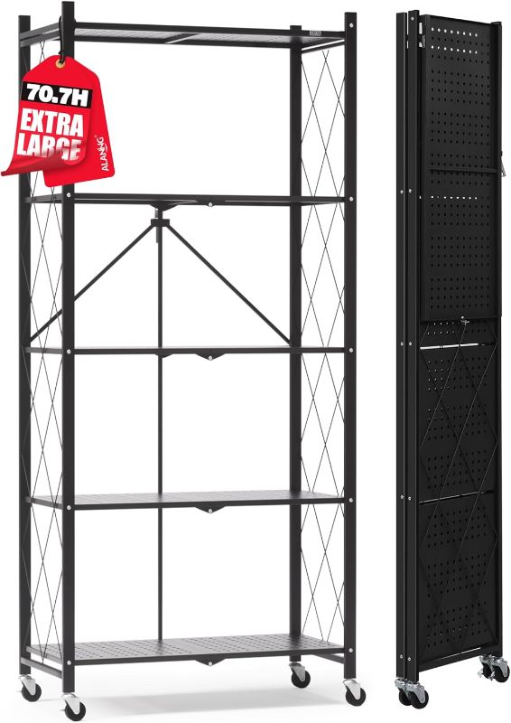 Photo 1 of ALANNG 70.7" H Metal Storage Shelves, 5 Tier Folding Shelf on Wheels, Heavy Duty, No Assembly, Rolling, Collapsible Rack Unit for Kitchen, Basement, Pantry (Black,1 Pack)
