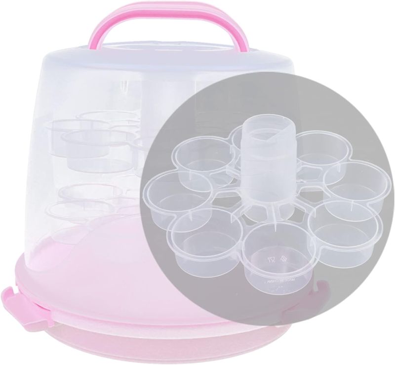Photo 1 of Green/Blue ** Cake Carrier Round Cake Stand Plus Height, 24 Cupcake Carrier with Cake Turntable Handle and Lid, Cake Container for Pies Cupcakes Cookies Pizza 
