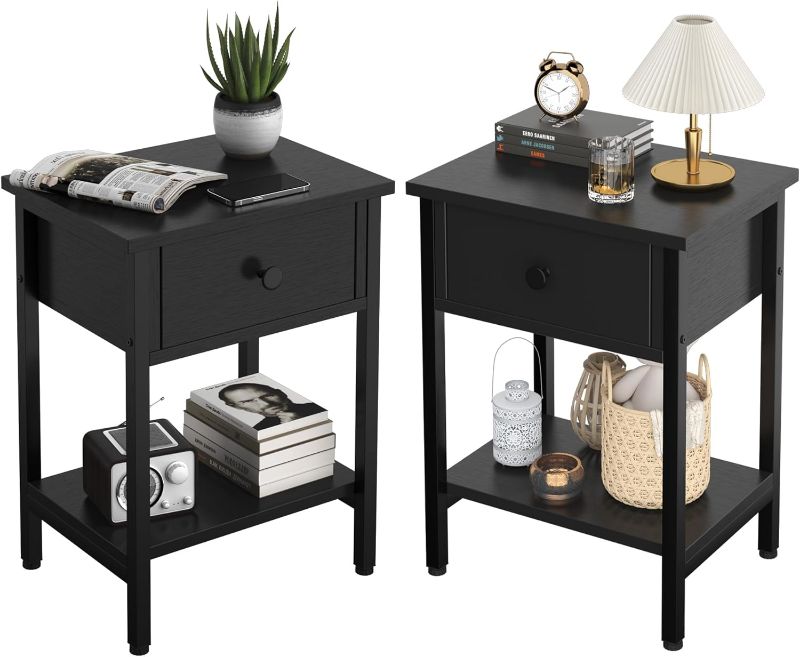 Photo 1 of Wood Metal Black Nightstands Set of 2 Bedside Table End Side Table Night Stand
