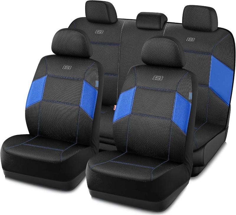 Photo 1 of Skechers Work Car Seat Covers, 5-Times Stronger Built-in Webbing Seat Cover Full Set, Mesh Fabric Seat Cover for Car, Airbag Compatible, Automotive Comfort for Most Cars, Trucks, SUVs (Blue,Full Set)
