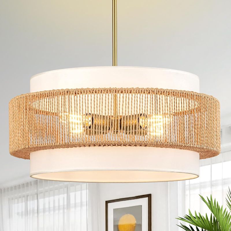 Photo 1 of Boho Rattan Chandelier 19.7" Large Boho Pendant Light 4-Light Rattan Light Fixture