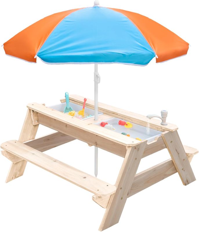 Photo 1 of Kids 3-in-1 Sand & Water Table, Wood Outdoor Convertible Picnic Table w/Umbrella, 2 Trays, Removable Top with Faucet, Picnic Table for Outdoor (Natural/Orange)
