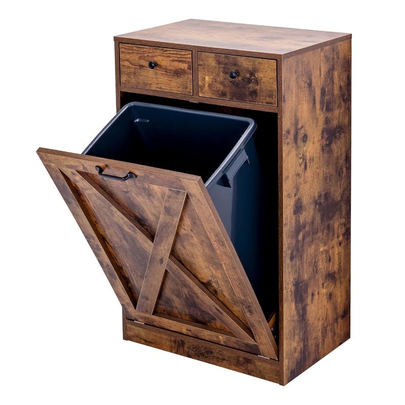 Photo 1 of 13 Gallons Tilt Out Trash Can Cabinet, Wooden Trash Cabinet with 2 Drawers, Free Standing Kichen Waste Bin Recycling Cabinet Pet Proof Hidden Trash Cabinet for Kitchen (Brown)
