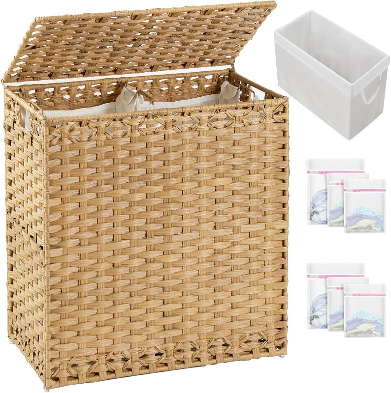 Photo 1 of Laundry Hamper with Lid Wicker Laundry Basket 112 L (29.6 Gal) Laundry Hampers Handwoven Rattan Clothes Hamper with Handles 3 Removable Liner Bag, 6 Mesh Bags for Bathroom Bedroom Natural
