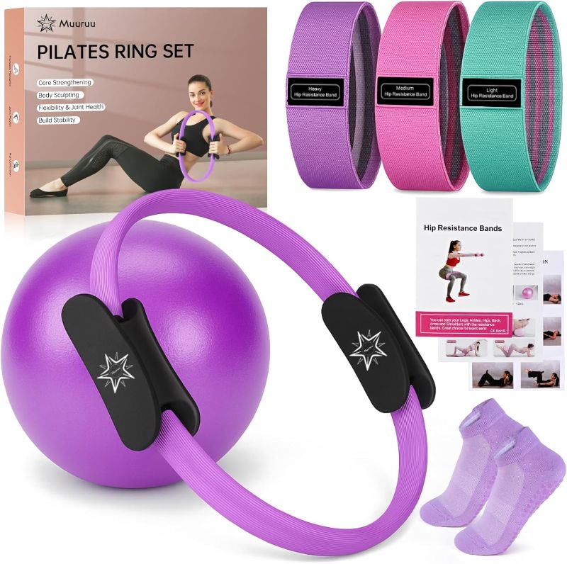 Photo 1 of Pilates Essentials Kit for Home Women, Ring and Ball Set, Pilates Equipment for Workouts, 3 Resistance Bands, Grip Socks, 14 Inch Magic Circle, Mini Exercise Ball, Great Exercise Equipment
