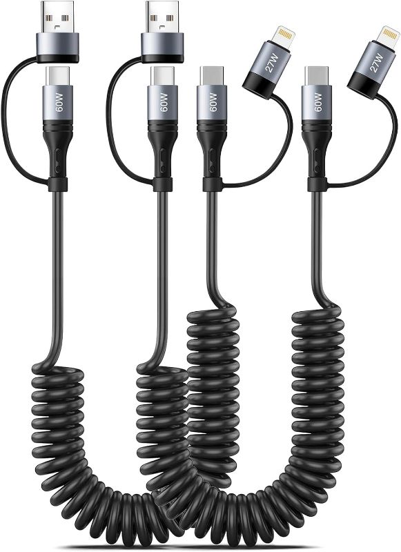 Photo 1 of Coiled Lightning Cable [2Pack 4FT] 4 in 1 Multi Charging Cable 60W Fast Charging Retractable Charger Cord for iPhone 15/14/13/12/11 Pro Max/XS MAX/XR/XS/X/8/7/6 Plus/iPad/AirPods/MacBook/CarPlay
