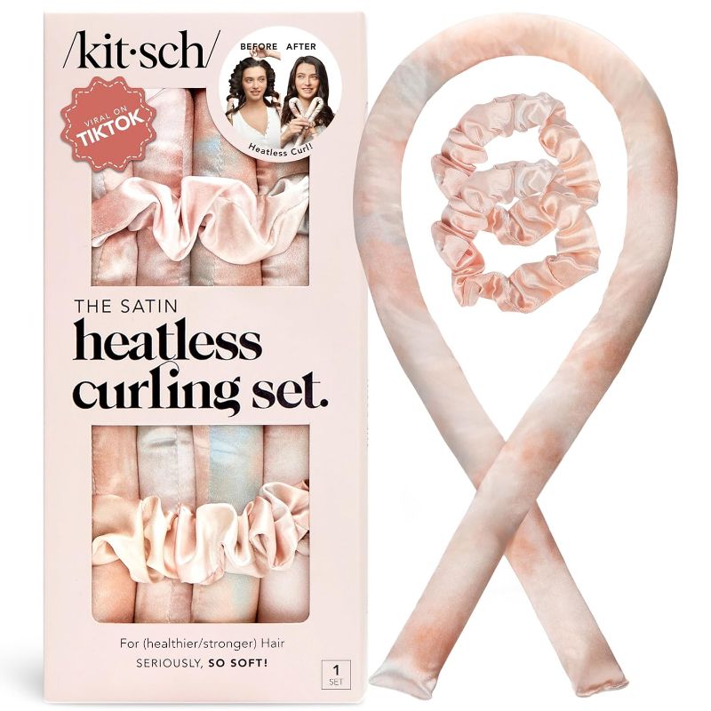 Photo 1 of Kitsch Satin Heatless Curling Set – Heatless Hair Curler for Women, Hair Curler to Sleep In - with 2 Satin Scrunchies for Overnight Curls – No Heat Damage Styling with Heatless Curler - Sunset Tie Dye
