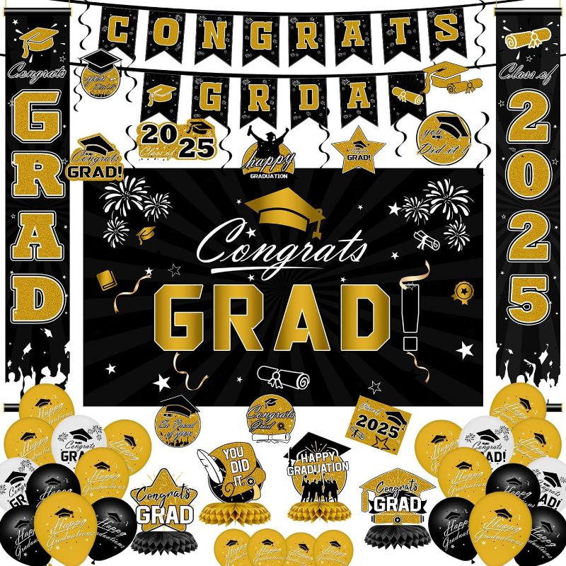 Photo 1 of Graduation Decorations 2025 Set - Gold Themed Congrats Grad Banner, Backdrop, Hanging Swirls, Porch Sign, Balloons - Complete Party Supplies for High School, College Graduation Decorations
