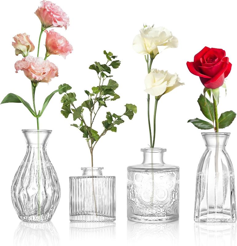 Photo 1 of Glass  Vases Set of 4, 4 Sizes of Small Flower Vase for Party or Home Table Decorations