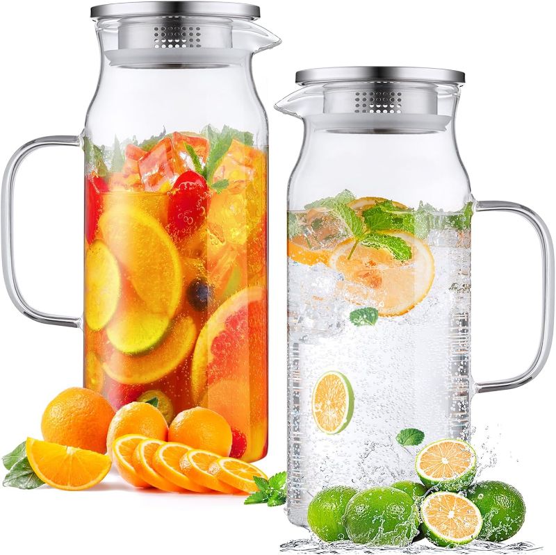 Photo 1 of 2 Pack 2 Liter 68 oz 2.1 Qt Glass Pitcher with Lid and Spout, Bivvclaz Water Pitcher for Fridge, Glass Carafe for Hot/Cold Water, Large Iced Tea Pitcher for Coffee, Juice and Homemade Beverage
