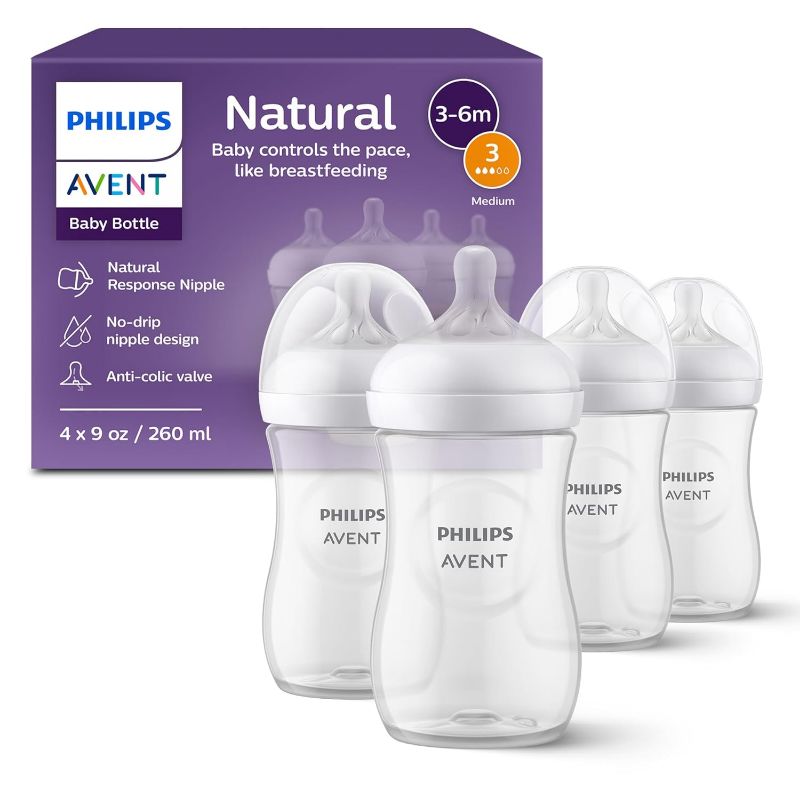 Photo 1 of Philips Avent Natural Baby Bottles with Natural Response Nipples (Medium Flow, Flow 3), 9oz, 4-Pack, SCY903/04
