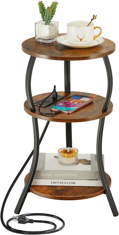 Photo 1 of Small Round Side Table with Charging Station, 3-Tier Waist Circular End Table with Storage Shelf, Compact Tea Sofa Side Table Small Spaces, Round Corner Coffee Table for Living Room Bedroon,Brown
