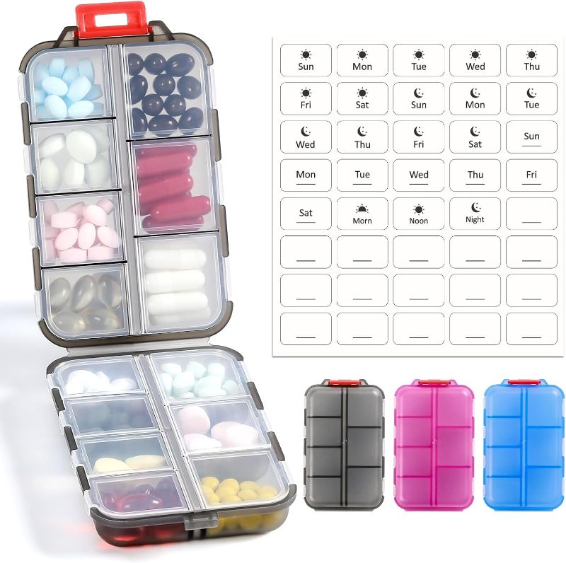 Photo 1 of 3 Pack 14 GRIDS Travel Pill Organizer Box with Labels - Travel Medicine Case Kit - Pocket Daily Pharmacy Container - Travel Medication Holder Dispenser for Fish Oil Vitamin Supplement Storage - Clear
