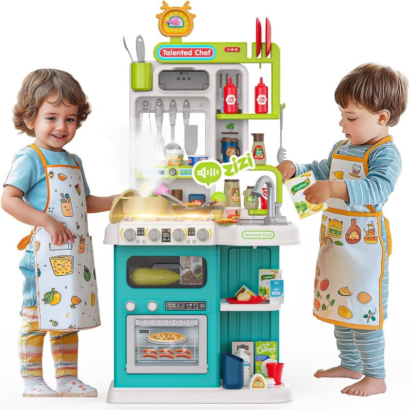 Photo 1 of 96PCS Kids Kitchen Playset, Play Kitchen with Sound & Light, Cooking Stove with Steam, Play Food Toy Kitchen Accessories, Play Sink, Oven, Pretend Play Kitchen Toys Set for Boys and Girls (Green)
