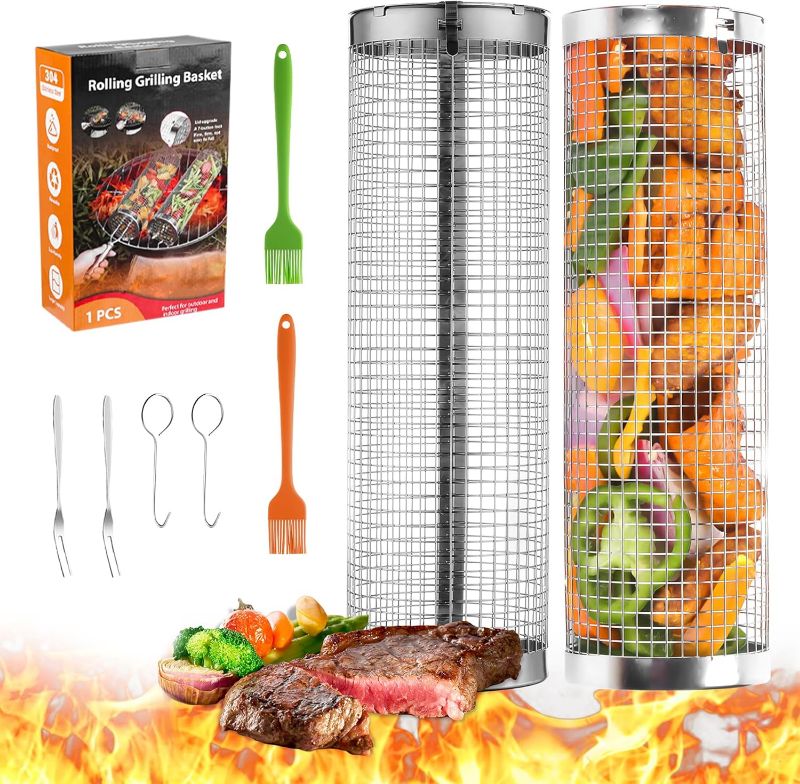 Photo 1 of Rolling Grill Baskets, 2Pack Outdoor Veggies Grill BBQ Net Tube Tools Set, Stainless Steel Round Mesh Rotation Barbecue Cylinder Cage Camping Cooking Accessories for Shrimp, Meat
