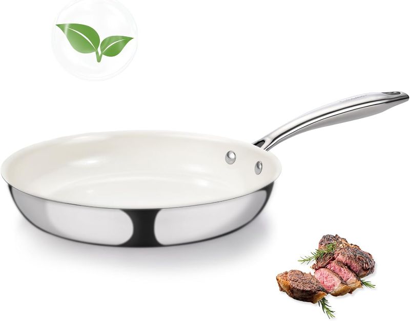 Photo 1 of 8" Tri-Ply Stainless Steel Frying Pan, Nonstick Ceramic Pan, Skillet with Stay-Cool Handle, Non Toxic, PFAS PFOA PTFE Free, Dishwasher & Oven Safe, Induction, Compatible with All Cooktops
