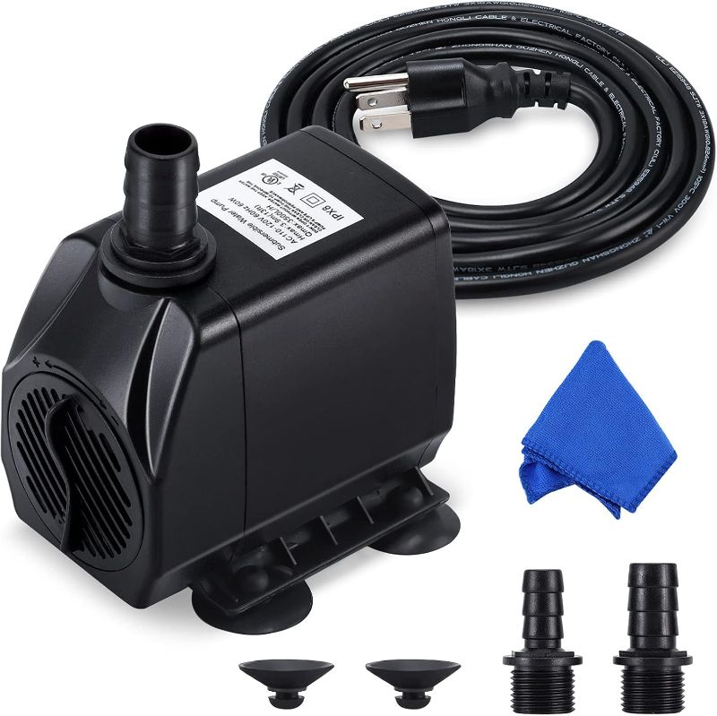 Photo 1 of Fountain Pump, 880GPH Submersible Water Pump, Durable 60W Outdoor Fountain Water Pump with 6.5ft Power Cord, 3 Nozzles for Aquarium, Pond, Fish Tank, Water Pump Hydroponics, Backyard Fountain
