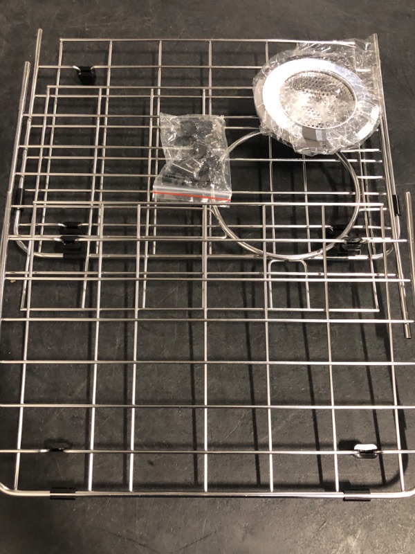 Photo 1 of Stainless Steel Sink Protector 27.5" x 13.5" with Rear Drain, Metal Sink Rack for Bottom of Sink, Kitchen Sink Grate and Sink Protectors with Sink Strainer (27.5" x 13.5" - Rear Drain)
