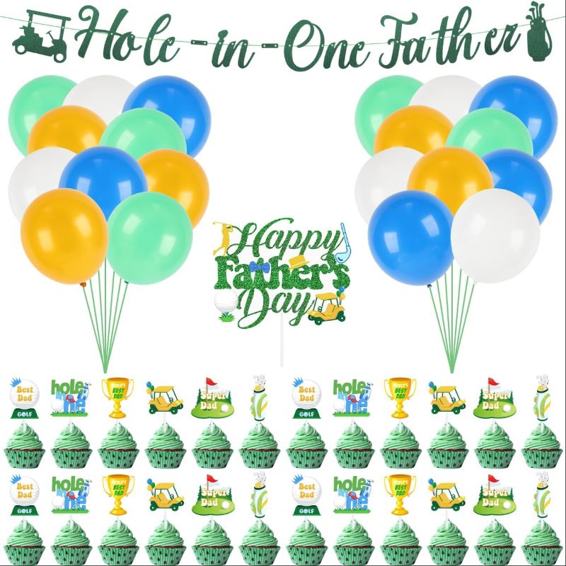 Photo 1 of Happy Fathers Day Decorations, Golf Theme Happy Father's Day Party Supplies Including Banners, Latex Balloons, Cake Toppers
