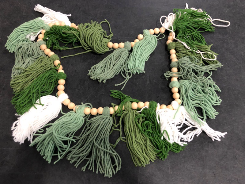 Photo 1 of Sosoport Handmade Colorful Bead Cotton Tassel Garland Wall Hanging Decoration Non Fading Indoor Boho Adorn for Living Bedroom Green Cotton Thread Rope Art
