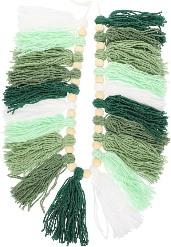 Photo 1 of Sosoport Handmade Colorful Bead Cotton Tassel Garland Wall Hanging Decoration Non Fading Indoor Boho Adorn for Living Bedroom Green Cotton Thread Rope Art
