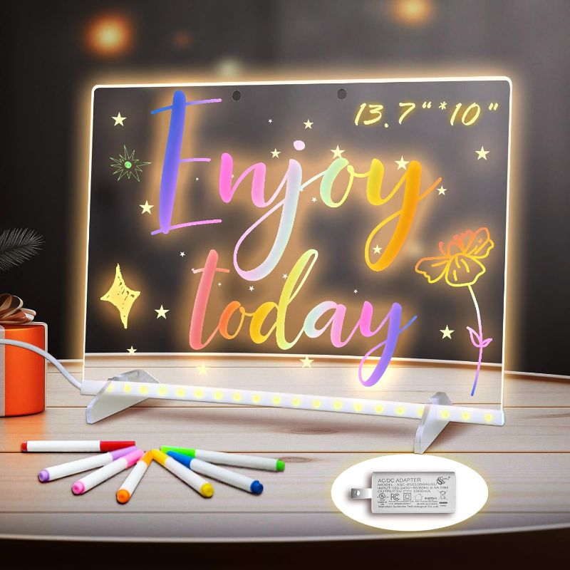 Photo 1 of LED Note Board with Colors, 13.7"X10" 4 Modes & 7 Colors Acrylic Dry Erase Board with Light, Include Adapter, Hanging Chain, Led Drawing Board for Kids with Stand, 7 Markers, Spray Bottle
