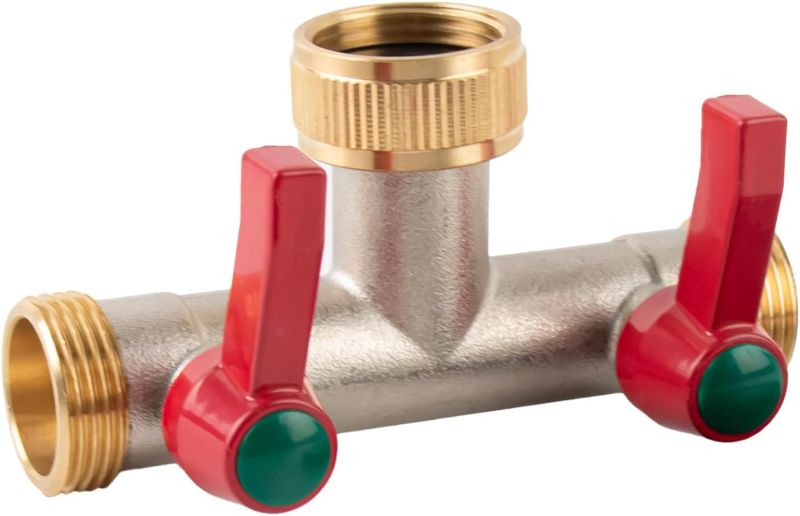 Photo 1 of 2 Way Brass Tap Splitter, Garden Hose T Splitter, 3/4" T Type Tap Splitter with Shut-Off Valves
