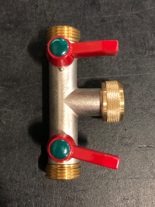 Photo 1 of 2 Way Brass Tap Splitter, Garden Hose T Splitter, 3/4" T Type Tap Splitter with Shut-Off Valves
