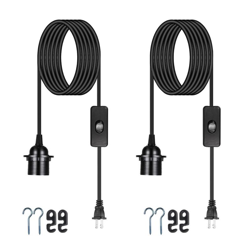 Photo 1 of Plug in Pendant Light Cord - 16Ft Hanging Light Kit E26/E27 Light Socket Hanging Lantern Lamp Cord with On/Off Switch,Socket Rings, 2 Pack, Black
