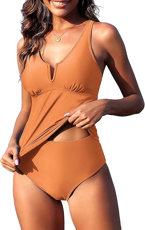 Photo 1 of (Size 8-12) ZAFUL 2025 Swim Suits for Women Tankini Tummy Control Swimsuits Bathing Suit Two Piece Swimsuit Split Neck Bathing Suits Red/Orange 
