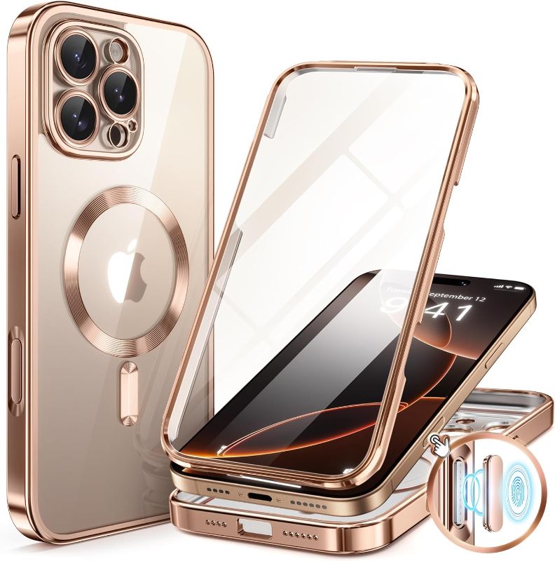 Photo 1 of BERFY for iPhone 16 Pro Case, Compatible with MagSafe, Built-in 9H Tempered Screen Protector and Camera Protection, Full Body Shockproof Plating Phone Case for 16 Pro 6.3", Desert Gold

