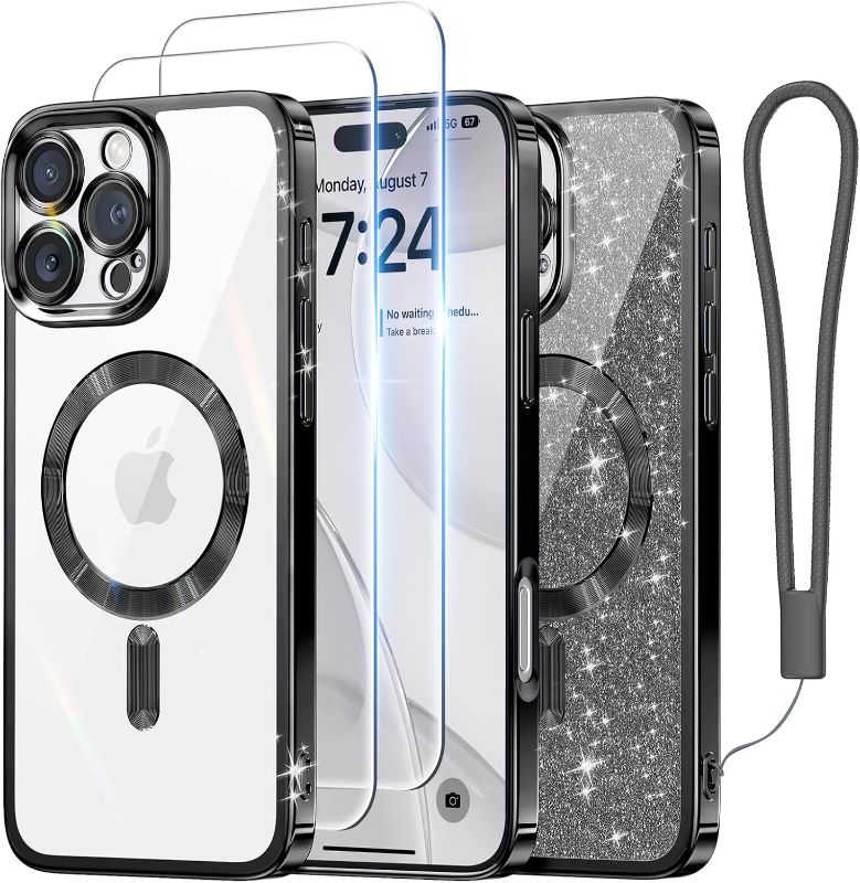 Photo 1 of Meifigno Designed for iPhone 16 Pro Max Case 6.9", [Glitter Card & Wrist Strap] [Compatible with MagSafe] [2X Screen Protectors] Surround Lens Protection Designed for 16 ProMax Case, Black Titanium