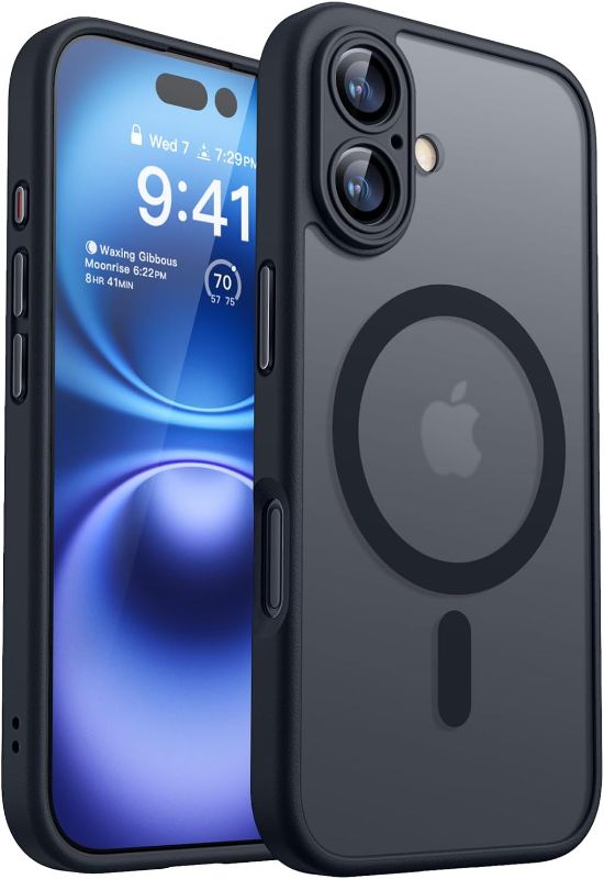 Photo 1 of CANSHN Magnetic for iPhone 16 Case, Upgraded [Full Camera Protection] [Compatible with Magsafe] [Translucent Matte] Shockproof Protective Phone Case for iPhone 16 - Black
