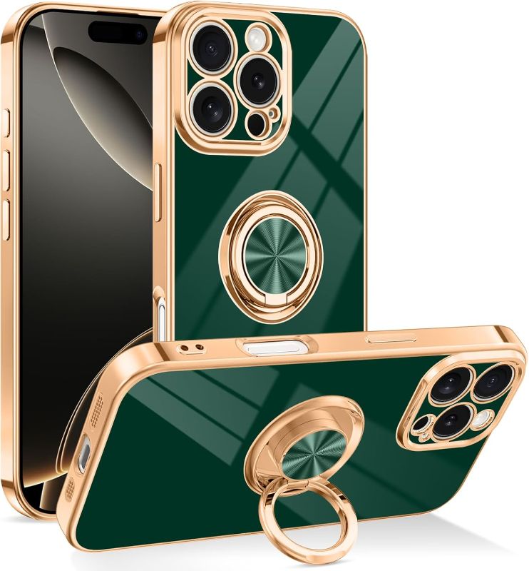Photo 1 of Dinick Designed for iPhone 16 Pro Max Case with Ring Holder Soft TPU Bumper Glitter Plated Slim Cover for Women Men Finger Stand for iPhone 16 Pro Max Case Green and Gold
