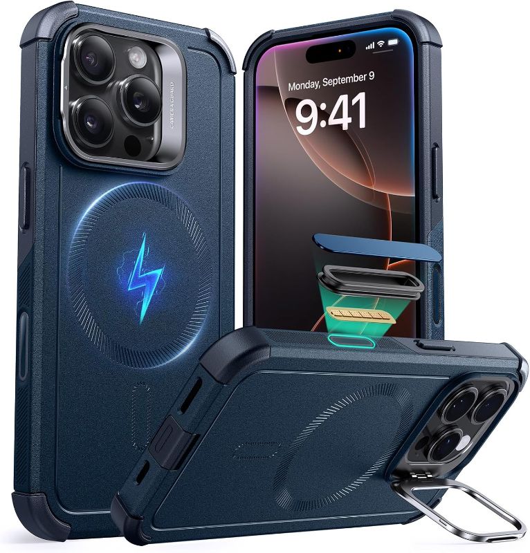 Photo 1 of ESR for iPhone 16 Pro Max Case with Stash Stand, Camera Control, 23FT Military-Grade Shock-Absorbing Drop Protection, Compatible with MagSafe Accessories, Magnetic Cyber Series, Navy Blue
