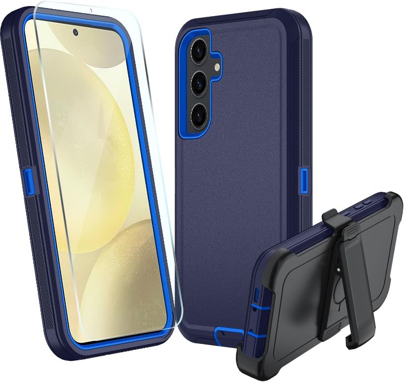 Photo 1 of Samsung Galaxy S24 FE 5G Case, S24 FE Heavy Duty case, [Belt Clip Holster] [Glass Screen Protector] [Military Grade Protective ] [Shockproof] [Dropproof] [Dust-Proof] (Dark Blue)
