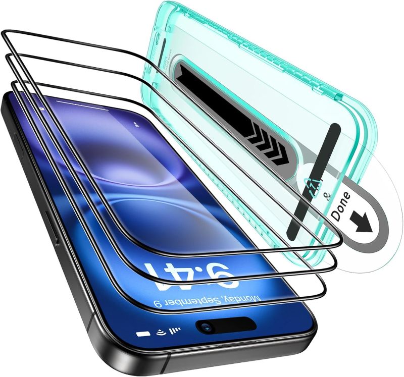 Photo 1 of ESR 3 Pack iPhone 16/15 Screen Protector, 9H Hardness Military Grade | Shatterproof | Full Coverage Tempered Glass Film | Flawless Fit Tray | HD Clear | Scratch Resistant
