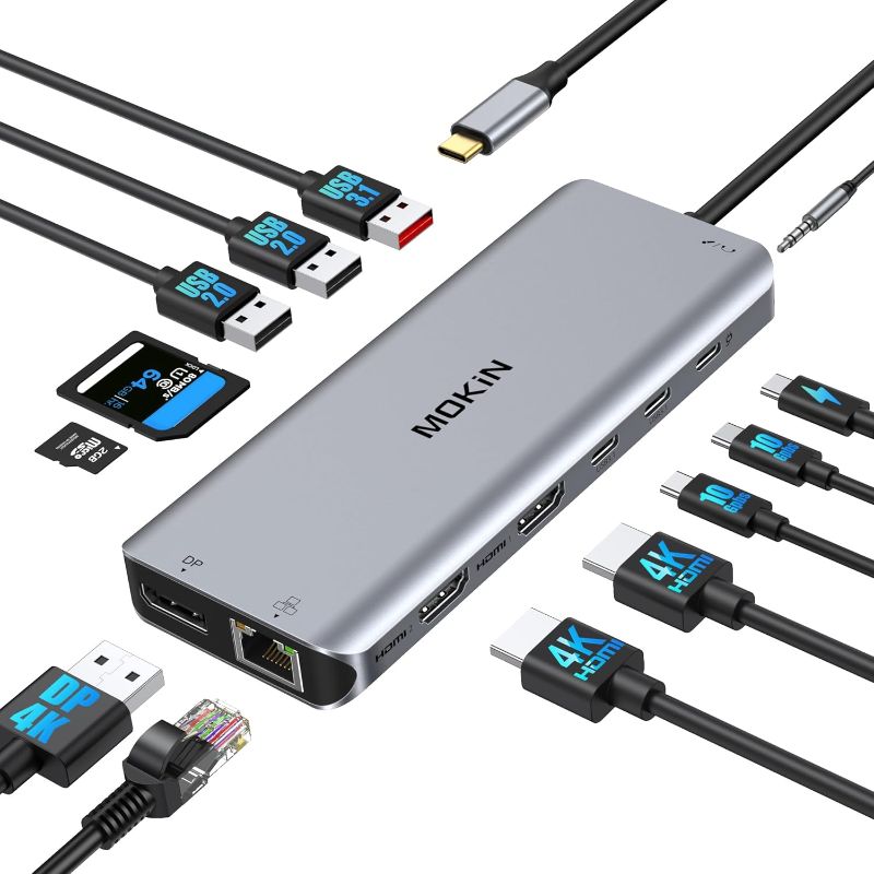 Photo 1 of USB C Laptop Docking Station Dual Monitor Dual HDMI 4k DP Triple Display Hub 10G, 13 in 1 MOKiN USB C Hub with 3 Monitors,Displayport,USB3.1,RJ45,100W PD,Card Reader,Audio/Mic, for Dell HP Lenovo
