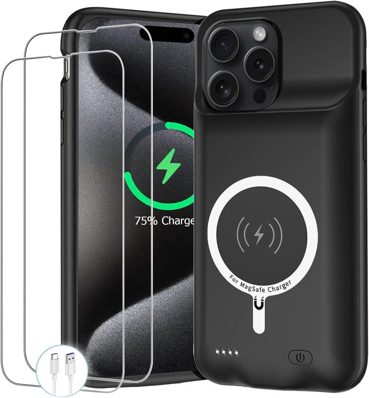 Photo 1 of 12000mAh Battery Case for iPhone 15 Pro Max with Wireless Charging | Portable Protective Charging Case | Compatible with 6.7 inch | Extended Battery Pack | with CarPlay | Black
