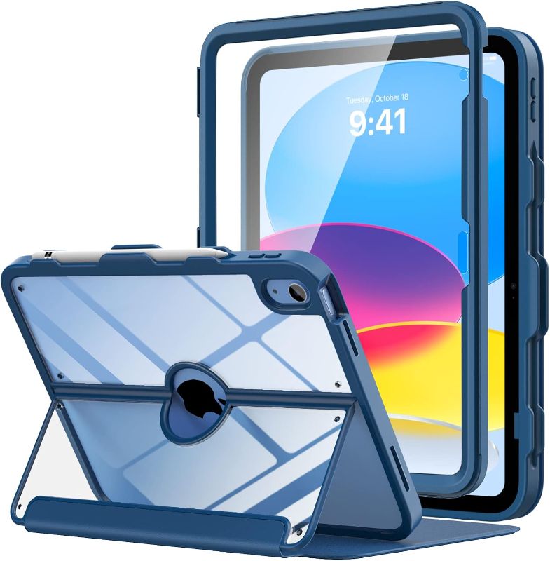 Photo 1 of MoKo for iPad 11-inch (A16) 11th Generation Case 2025/ iPad 10th Generation Case with Pencil Holder 2022 10.9 inch, Built-in Screen Protector Clear Back, Multi Angle Viewing Stand, Navy Blue
