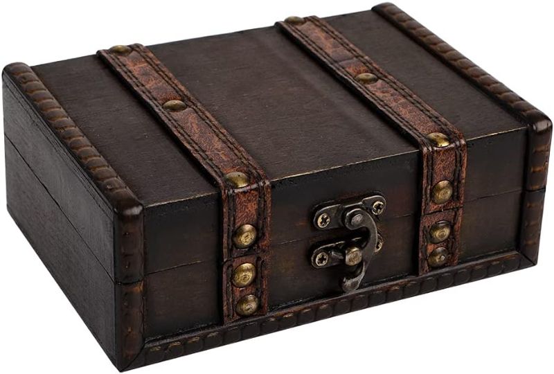 Photo 1 of WaaHome Treasure Box for Kids 6.2" Pirate Treasure Chest Small Decorative Wooden Box for Storage Keepsakes Jewelry Tarot Cards Trinkets Dice and Home Decor Gifts
