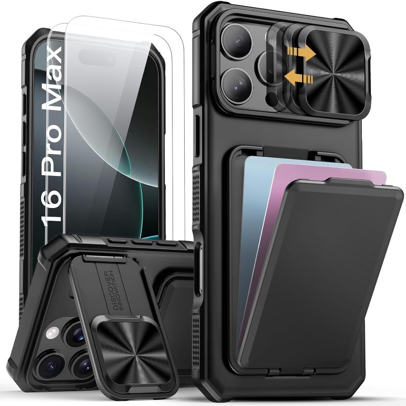 Photo 1 of SSLOTSCASE iPhone 16 Pro Max Case with Card Holder & Kickstand | Slide Camera Lens Cover | Silicone Edge Protection | Rugged Heavy Duty | 6.9'' 2024 | Black
