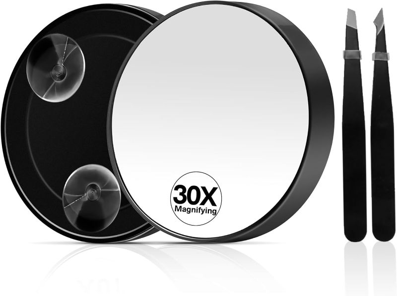 Photo 1 of 30X Magnifying Mirror, Magnifying Mirror Suction Cup, Travel Makeup Mirrors with Precise Tweezers, Compact Mirrors for The Removal of Female Facial Hair, 3.5 Inches (Black)
