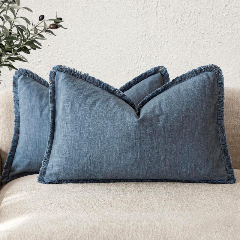 Photo 1 of Foindtower Set of 2 Decorative Linen Fringe Lumbar Throw Pillow Covers Farmhouse Cushion Cover with Tassels Accent Pillowcase for Couch Sofa Bed Living Room Home Decor,12×24 Inch,Dark Blue
