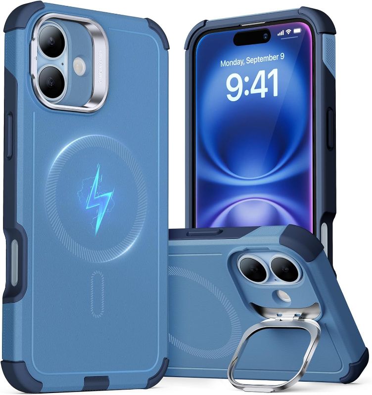 Photo 1 of ESR for iPhone 16 Case with Stand, 23 ft Military-Grade Drop Protection, Heavy Duty Magnetic Phone Case, Compatible with MagSafe Accessories, Cyber Series, Light Blue
